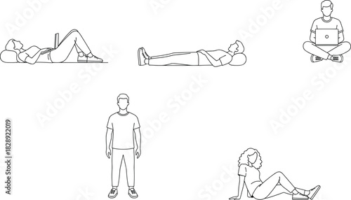 People line art set, reading book lying down, relaxing poses, sitting with laptop, standing male sketch, casual female floor rest illustration, minimalist vector drawings