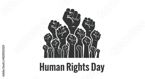 Black and white graphic illustration of many raised clenched fists symbolizing protest, solidarity, and human rights, with text human rights day isolated on white background
