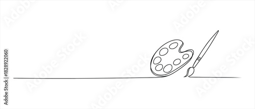 Minimalist Line Art of Artist Palette and Paintbrush on White Background