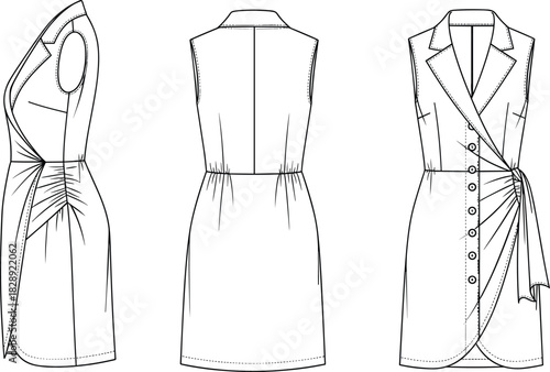 Sleeveless blazer dress fashion sketch, wrap tie waist, front side back view illustration, tailored summer outfit design, minimal line art template, modern elegant apparel,comma separated.