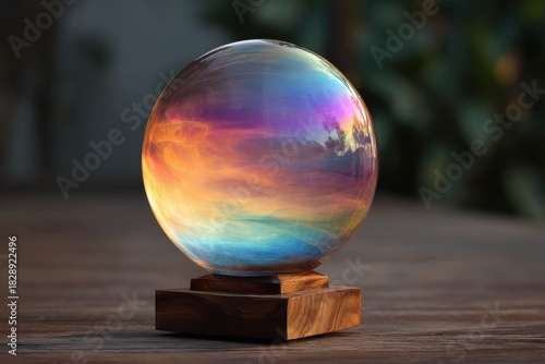 Mystical Glowing Orb Capturing a Vibrant Sunset Cloudscape on a Wooden Base.