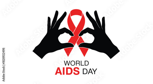 Black silhouette of two hands forming a circle around a red ribbon symbol for world aids day awareness isolated on white background
