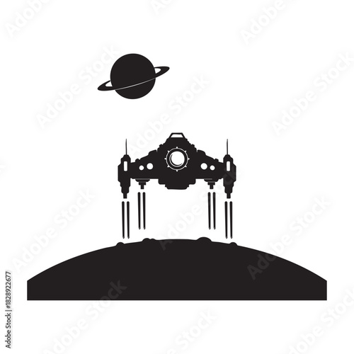 Silhouette of a futuristic spaceship landing or taking off from a desolate planet surface, with a ringed planet visible in the black sky above