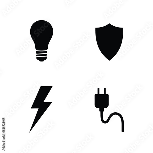 Four black icons: light bulb, shield, lightning bolt, and electrical plug lamp idea