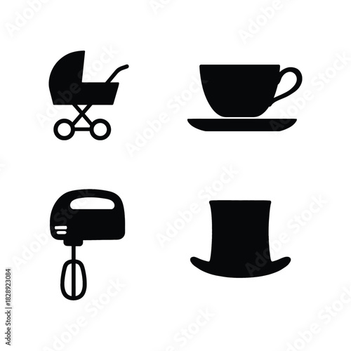 Four Black Icons Showing Baby Stroller Cup and Saucer Mixer and Top Hat Keywords: baby, stroller, pram, carriage
