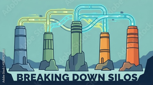 Breaking Down Silos: This illustration visualizes the concept of breaking down silos, fostering collaboration, and connecting various departments.