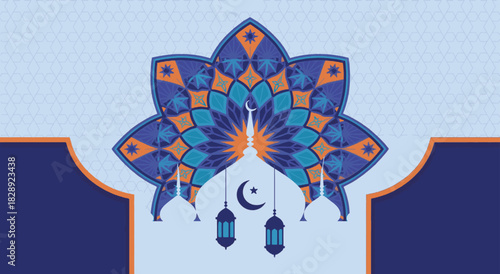 islamic ornament background design with star geometric pattern mosque dome crescent moon and hanging lanterns