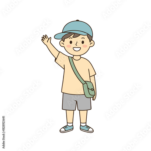 Smiling young boy wearing a light blue cap and t-shirt holding a green bag over his shoulder waving happily illustration isolated on black background
