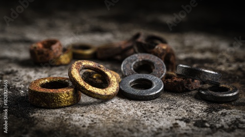 Aged Industrial Washers with Rust and Patina on Rough Concrete, Bathed in Dramatic Light.