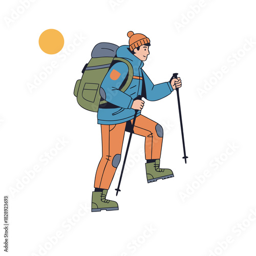 Solo Female Hiker Trekking Uphill with Walking Sticks and Backpack Amidst a Clear Sky with a Distant Sun