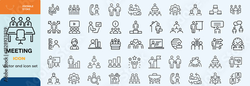 Meeting icon set. Containing seminar, business meeting, presentation, interview, conference, assembly, agreement and discussion icons. Solid icon collection.