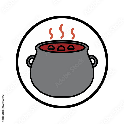 Steaming Cauldron Icon with Bubbling Red Liquid Inside a White Circle on a Black Background