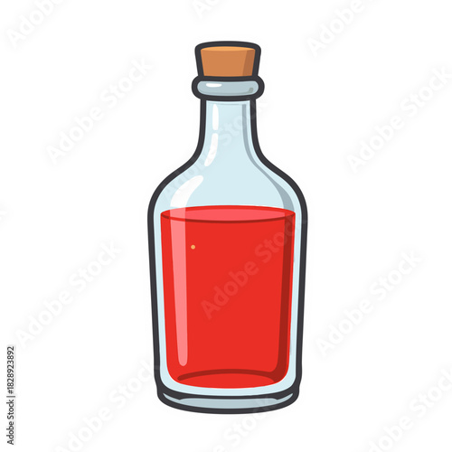 Stylized 2D Vector Art of a Glass Bottle Filled with Red Liquid and Cork Stopper Minimalist Sticker Design