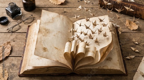 A story unfolds: An open, antique book, its aged pages gently revealing origami cranes, pens, and spectacles. A scene of literary nostalgia 