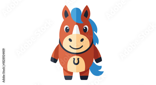 Adorable Cartoon Horse Illustration, A Cute Equine Character with Friendly Eyes and a Horseshoe Emblem