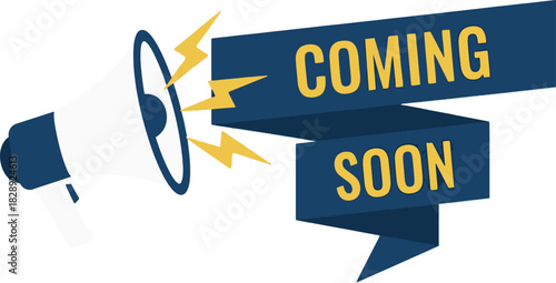 coming soon announcement with megaphone and blue ribbon banner