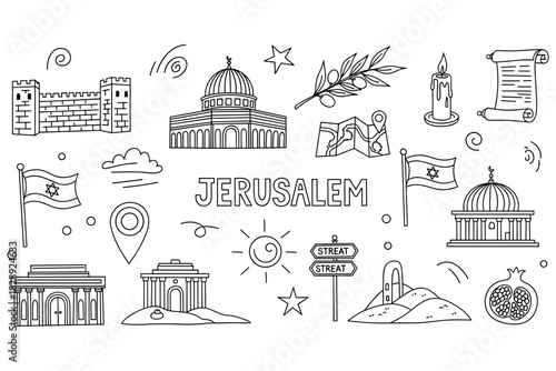 Doodle art of jerusalem landmarks and symbols in black and white