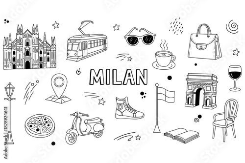 Milan icons: cathedral, tram, fashion, and italian cuisine in black and white doodles