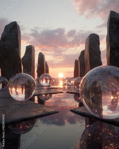 Crystal Ball Reflections - Sunset Landscape with Standing Stones and Water.