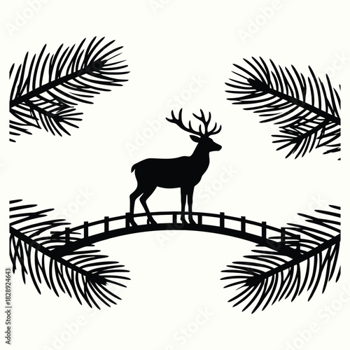 Elegant Silhouette of a Stag Standing on an Arched Bridge Framed by Pine Branches — A Serene Winter Emblem of Nature’s Grace and Seasonal Harmony