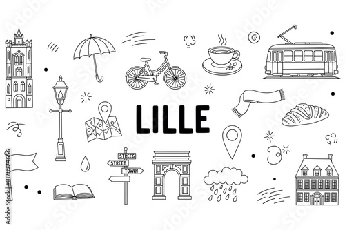 Lille icon set featuring landmark, transport, and food illustrations