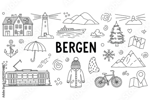 Bergen doodles: lighthouse, mountains, tram, and more in black and white design