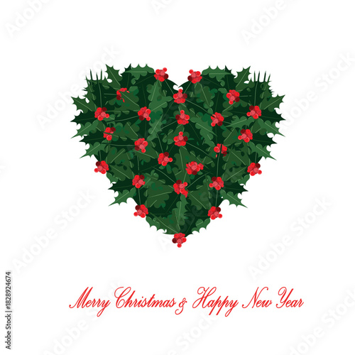 Merry Christmas & Happy New Year banner holly heart shaped, holly design element stock vector illustration