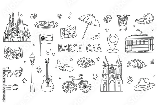 Barcelona travel icons: sagrada familia, spanish guitar, tram, beach, map