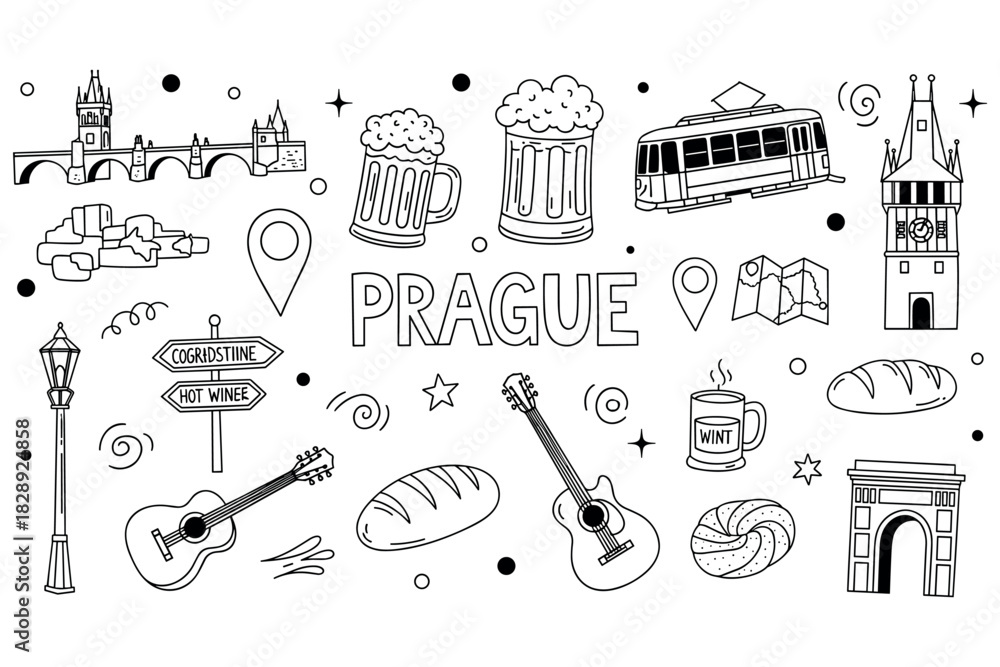 Obraz premium Prague landmarks and culture: bridge, beer, tram, and music icons in doodle art