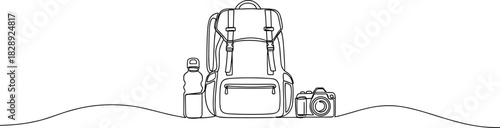 Continuous One Line Drawing of Travel Backpack Camera and Water Bottle Vector