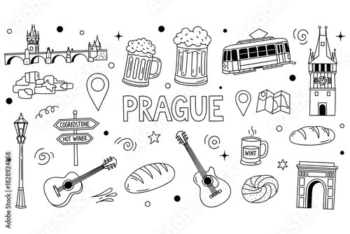 Prague landmarks and culture: bridge, beer, tram, and music icons in doodle art
