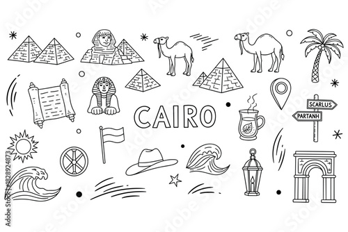 Cairo doodles: iconic pyramids, sphinx, camels, and palm trees in black and white