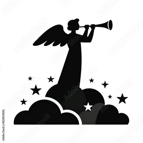 Silhouetted Angel Trumpeting Above Clouds and Stars — A Symbol of Divine Announcement, Hope, and Celestial Glory