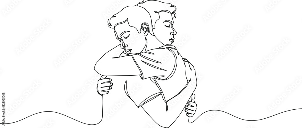 Fototapeta premium Continuous One Line Drawing of Two Men Hugging Embracing in Minimalist Vector Style