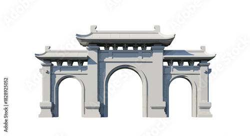 Elegant traditional East Asian architectural gate and archway illustration, featuring classical tiered roofs and multiple arched entrances in pristine white rendering