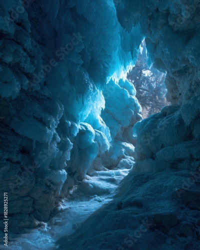Deep Blue Ice Cave Tunnel with Ethereal Glow and Frozen Formations.