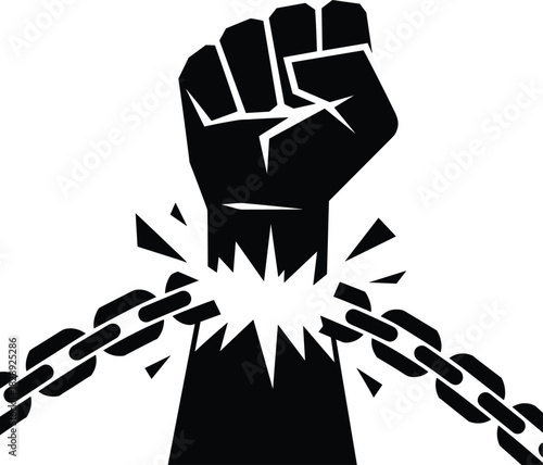 Black silhouette of a strong raised fist breaking a metal chain against transparent background symbol of freedom and protest