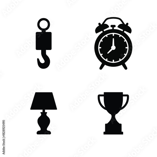 Four black silhouette icons: crane hook, alarm clock, desk lamp, and trophy lifting