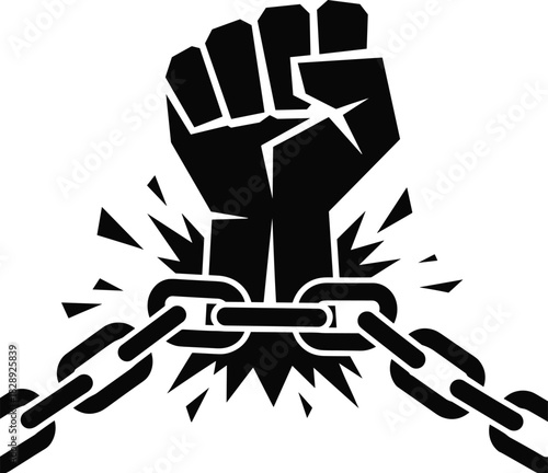 Strong black fist breaking chain symbol of freedom protest and revolution breaking free from oppression bondage or slavery