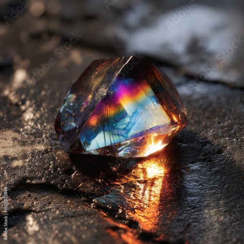 Dazzling Iridescent Gemstone with Rainbow Spectrum on Dark Textured Rock.