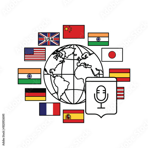 Global podcasting concept with flags around earth for international broadcasts