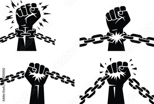 Set of black clenched fists breaking chains, symbolizing freedom, revolution, and resistance on transparent background