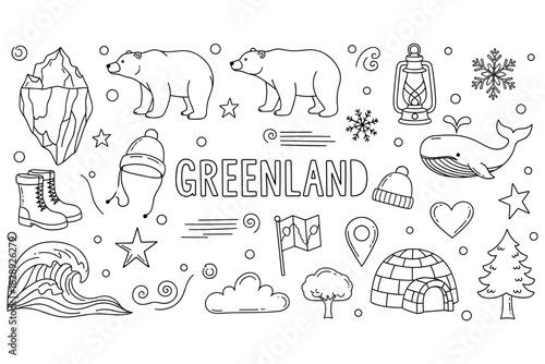 Greenland icons: polar bears, icebergs, whales, and arctic symbols in black and white illustration