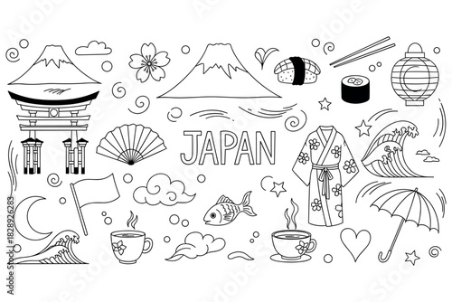 Japanese culture doodle set: mountains, sushi, lanterns, fans, waves, and traditional elements