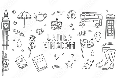 United kingdom doodle art featuring big ben, british crown, double-decker bus, and other iconic symbols