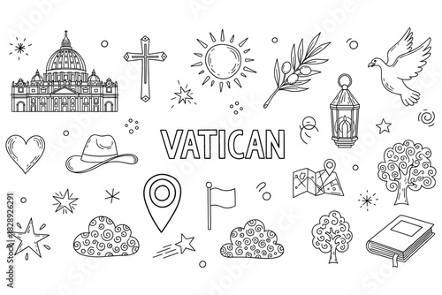 Vatican symbols: st. peter's basilica, cross, dove, olive branch, map