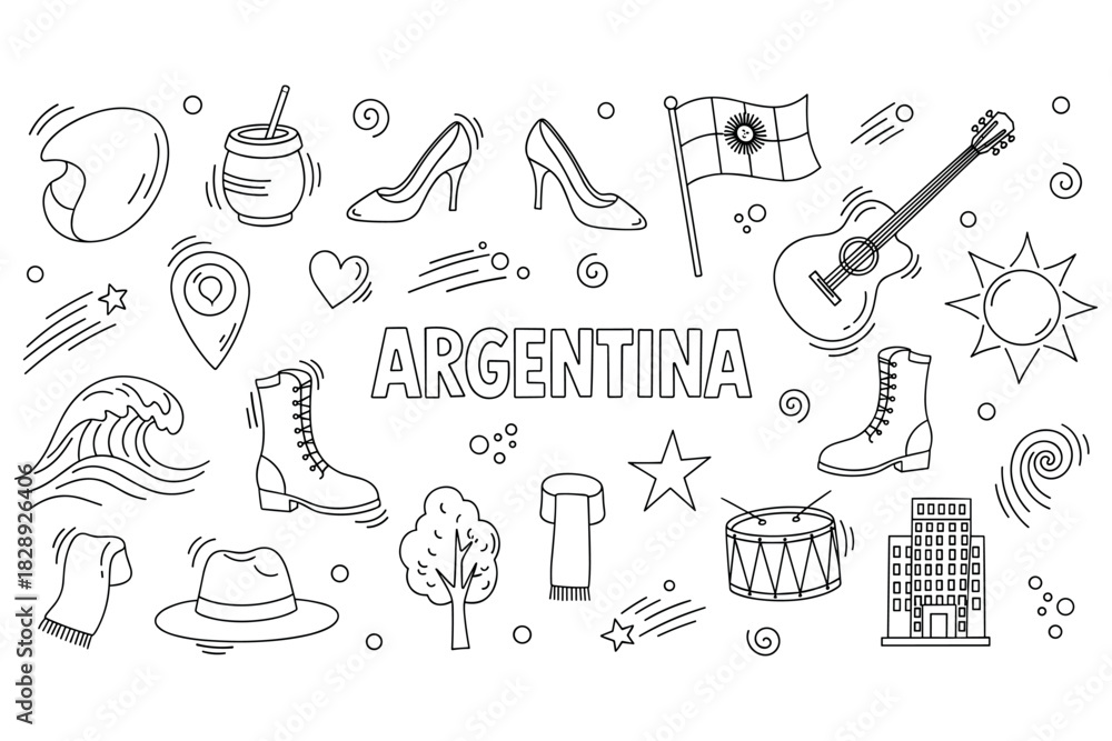 Obraz premium Argentina doodle art: icons of culture, music, and fashion