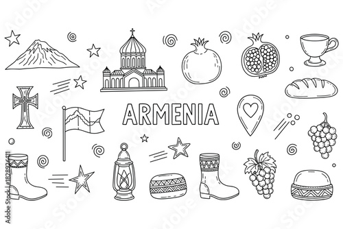 Armenian cultural icons: mount ararat, pomegranate, cathedral, flag, and traditional symbols