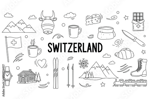 Switzerland icons: alps, cheese, swiss knife, and traditions in black and white