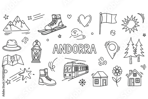 Illustration of andorra symbols with mountains, tram, and ski elements